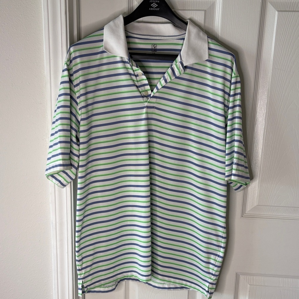 PGA Tour Men's Polo Golf Shirt - Green, Blue, and White Stripes Sz L